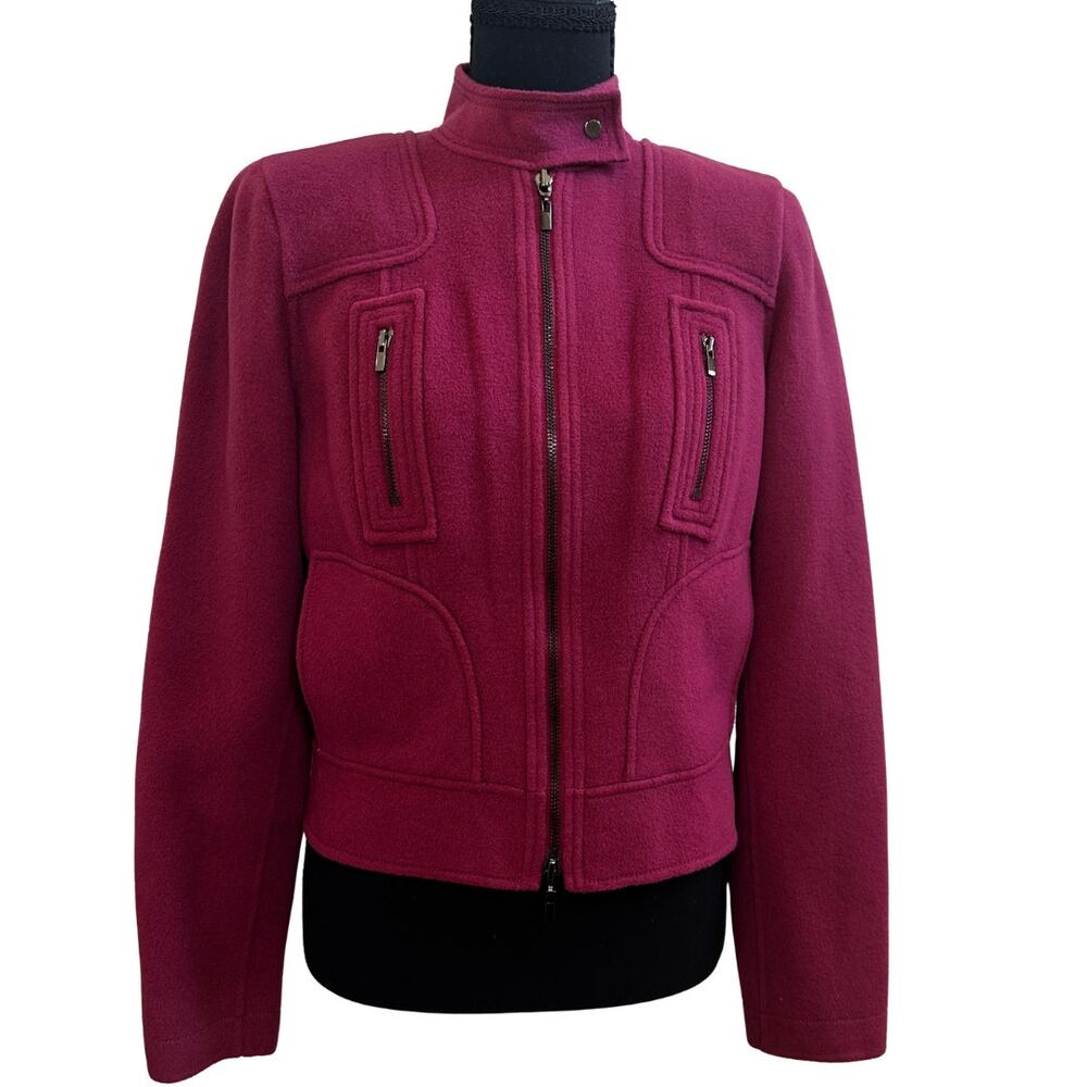 100% Wool Burgundy Moto Jacket Cropped Tailored Small